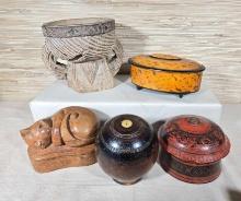 3 Vintage Trinket Boxes, Antique Bocce Ball, & Wood Mortar