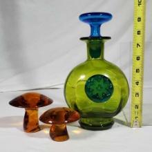1970 Rainbow Duo-Tone Art Glass Bottle Vase and 2 Vintage Glass Mushrooms