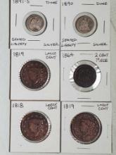 6 US 1800s coins - 1818 and 2 -1819 Large Cent, 1864 2 Cent Piece,1890 and 1891-S Dimes