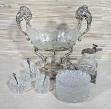 Beautiful Antique Silver Plate & Crystal Compote, Silver Syrup with Cherubs. & More