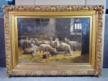 Louise J. Guyot large French Oil on Canvas "In the Sheepfold" Painting in Orante Gilt Frame