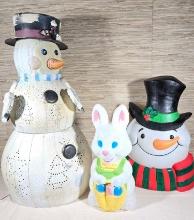Blow Mold Bunny, Tin Snowman Lawn LIght, & Battery Oper. Snowman Blow Mold