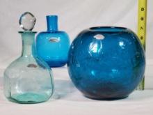 3 Pcs of Blenko Art Glass in Blue Tones with Vintage Original Silvered Blenko Handcraft Stickers