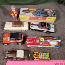 Tray Lot of Vintage Toys with Puff Puff Loco, Friction, Battery Operated and Wind Up Cars and