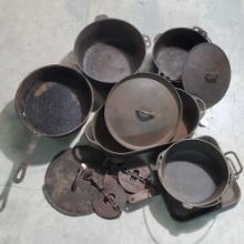 Large Collection of Cast Iron Pans, Lids, Skillets and More
