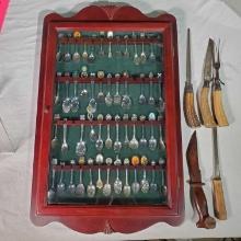 Wall Hung Glass Door Collector Spoon Display Cabinet full of Spoons, Carving Set and Presentaion