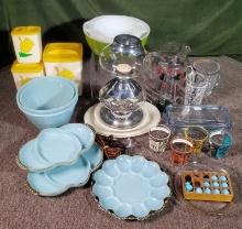 Three Shelves of Retro Fire King Kitchen Ware Glass, Pyrex, Libbey, Barware and More
