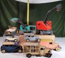 8 Vintage Pressed Steel Trucks - Ford Model A & Ts, Steam Shovel, Front Bucket Loader and More