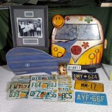 Collection of Decorative Wall Art, License Plates and Beatles/ Ali Tribute Photo Art