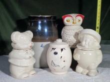 Stoneware Butter Churn Crock and 4 Vintage Cookie Jars