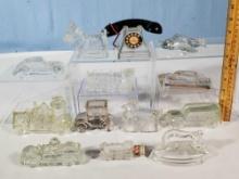 Vintage Glass Figural Candy Containers with Trains, Cars, Phone, Airplane, Animals and More