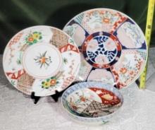 Late 1800s Japanese Meiji Period Hand Glazed Porcelain Imari 9" Bowl and 2 Related Platters