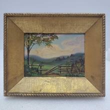Cecil C. ("Spike") Bell American 1905-1970 1954 Miniature Oil On Canvas Board "Farmland Entrance"
