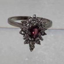 MCM Shield Diamond Cluster With Pear Cut Ruby / Sapphire Center 14K White Gold