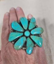 Fantastic Turquoise & Sterling Silver Native American Flower Ring