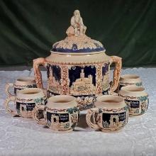 German Castle Ceramic Covered Cider Bowl and 6 Mugs