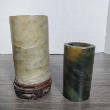 Two Antique Hand Carved Jade/ Hardstone Brush Pots