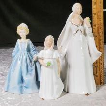 Royal Doulton Bride and Bridesmaid, and Royal Worcester Grandmother's Dress Bone China Figurines