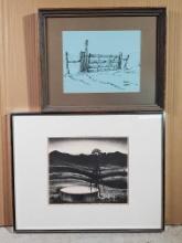 Western Landscape Art with Peter Hurd Watertank Litho and Hugh Cabot Fence Gate Sketch
