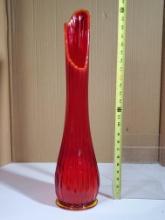 L E Smith Tall Ribbed Red with Amberina Foot  Retro Art Glass 24 1/2" Tall Swung Vase