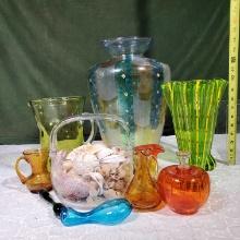 11 Pcs Retro Vintage Glass - Vases, Perfume, Basket, and Small Crackle Glass Pitchers