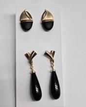 2 Pair of 14k Gold Black Onyx Pierced Earrings