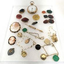 Tray Lot Of Victorian Jewelry & Pocket Watch