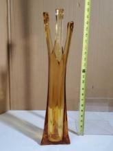 22" Tall Viking Glass Amber 3 Finger - Three Point Triangular Base Swung Vase