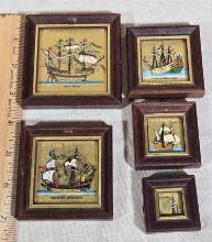 Set of 5 Vintage Italian Hand Painted Ships on 22k Gold