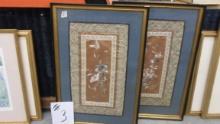asian fabric art, two framed floral images, 22x15