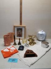 Misc. Lot, framed Art, Metal Candle Holders, Pumkin Mold, etc.