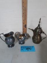 Vintage Brass Dallah Coffee Pot, Silver Plated Creamers