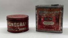 (2) 1920's Monogram Lubricants 1lb and Pint Oil Cans