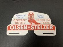 Olsen-Stelzer Cowboy Boots Henrietta, TX Porcelain License Plate Topper