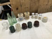 Assortment of Vintage Jars & Bottles. 5 Glass Insulators
