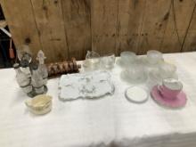Vintage Glass Cups & Saucers, Wooden Napkin Rings