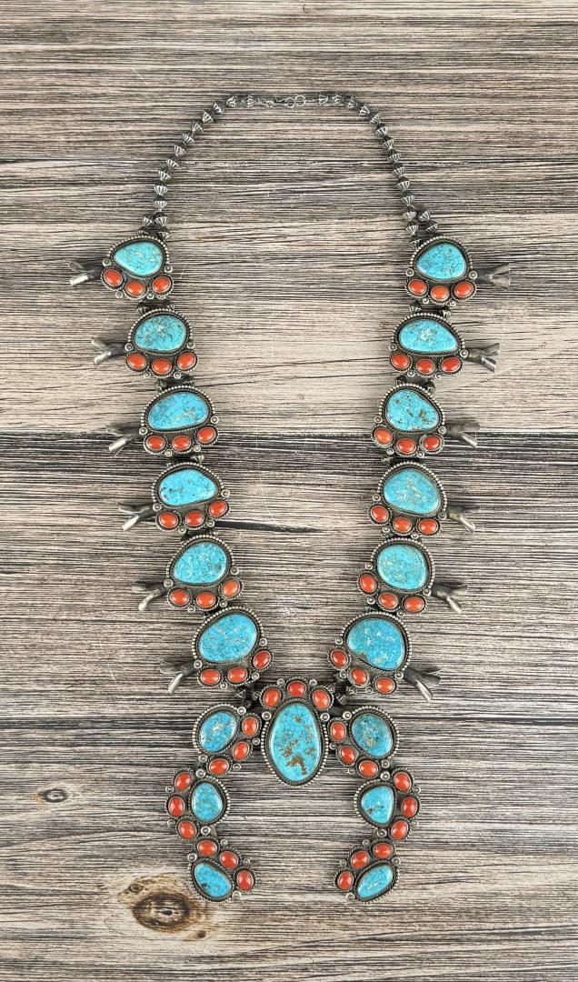 Navajo Turquoise Red Coral Squash Blossom Necklace