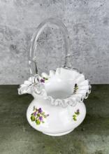 Fenton Glass Violets In The Snow Handled Basket