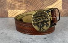 Tooled Leather Belt Egyptian Brass Belt Buckle