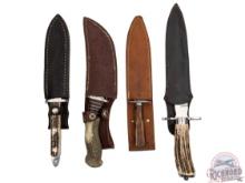 Lot Four Vintage and Modern Collector Knives with Leather Sheaths