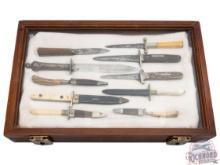 Collection of 10 Antique & Vintage Daggers and Fixed Blade Knives in Display Case