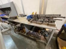 Metal Table with Vise; Contents on upper and lower shelf; Assorted set up tooling and shop items