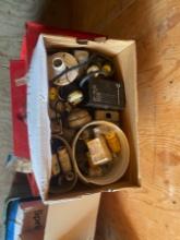 Box of Electrical Supplies with Lawn Mower Blades