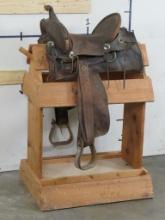 Antique Leather Saddle & Sturdy Wood Display Stand COWBOY&WESTERN ANTIQUES