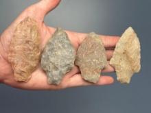 Lot of 4 Fine Quartzite Savannah River and Similar Types, Found in NC/VA Region, Longest is 3"