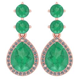 Certified 5.17 Ctw Emerald And Diamond 14k Rose Gold Halo Dangling Earrings