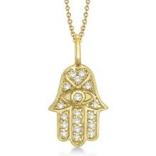 Diamond Hamsa Pendant Necklace 14k Yellow Gold 0.16ctw