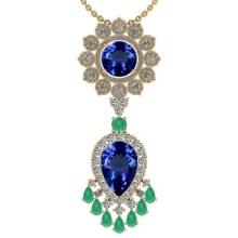 Certified 15.49 Ctw VS/SI1 Tanzanite,Emerald And Diamond 14K Yellow Gold Vintage Style Necklace