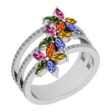 Certified 1.48 Ctw I2/I3 Multi Sapphire, tanzanite And Diamond 10K White Gold Flower Ring