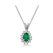 Pear Emerald and Diamond Pendant Necklace 14k White Gold 0.70ctw